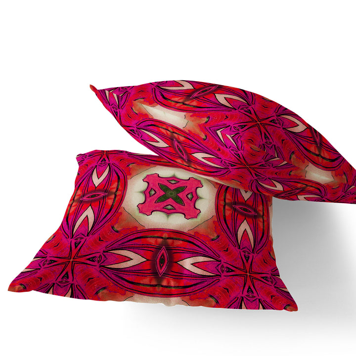 Set of Two 16" X 16" Red and Pink Blown Seam Floral Indoor Outdoor Throw Pillow