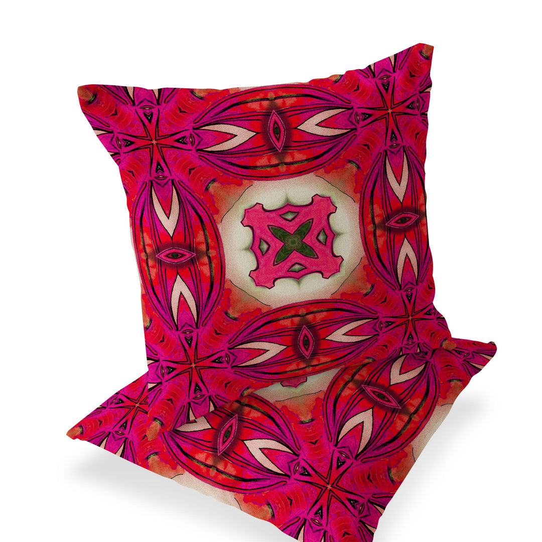 Set of Two 16" X 16" Red and Pink Blown Seam Floral Indoor Outdoor Throw Pillow