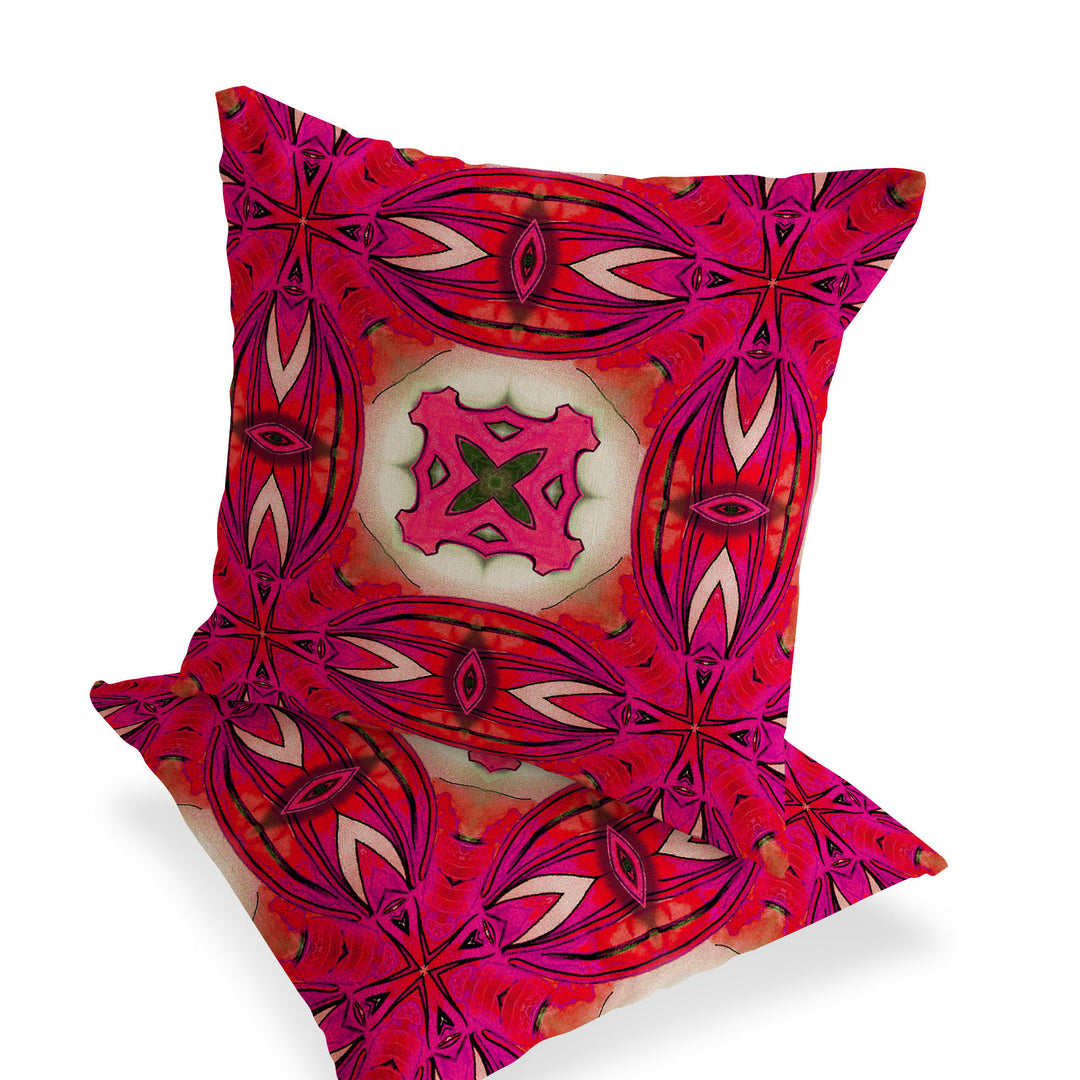 Set of Two 16" X 16" Red and Pink Blown Seam Floral Indoor Outdoor Throw Pillow