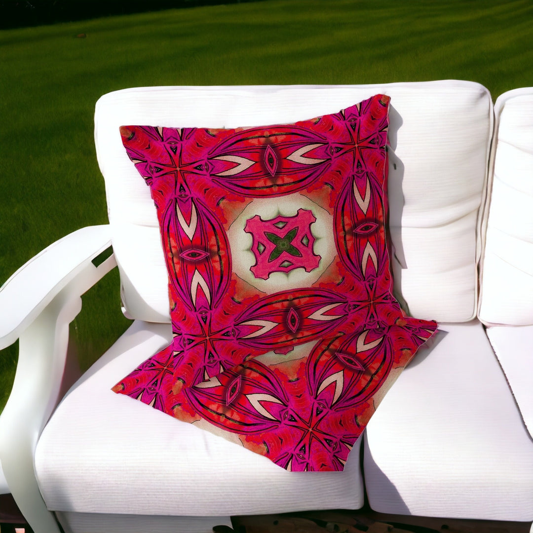 Set of Two 16" X 16" Red and Pink Blown Seam Floral Indoor Outdoor Throw Pillow