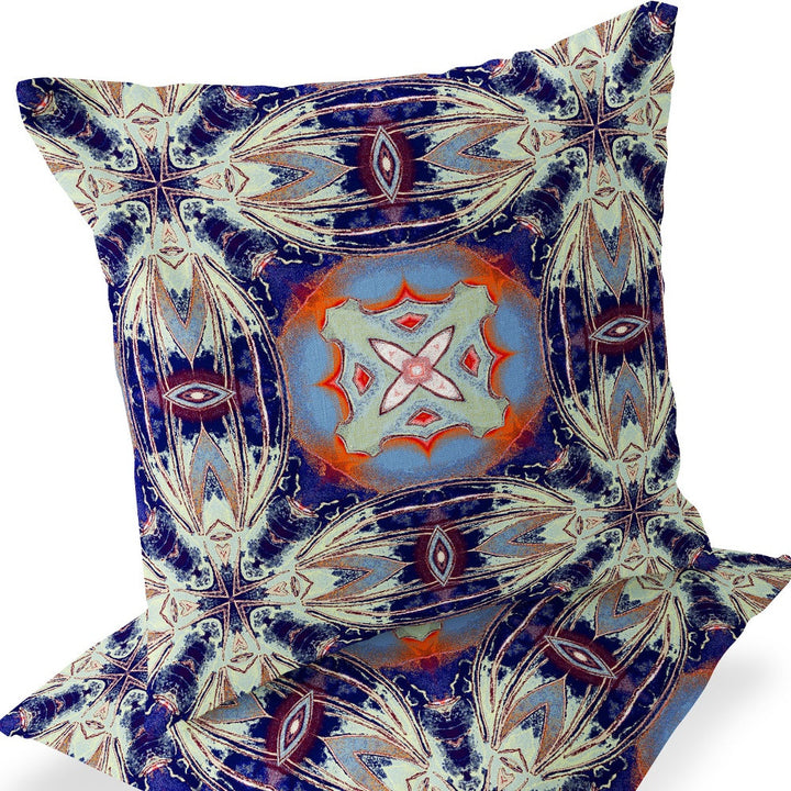 Set of Two 16" X 16" Blue and Orange Blown Seam Floral Indoor Outdoor Throw Pillow