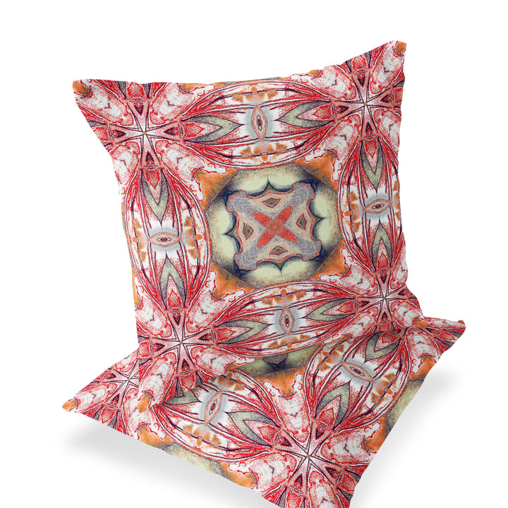 Set of Two 16" X 16" Green and Red Blown Seam Floral Indoor Outdoor Throw Pillow