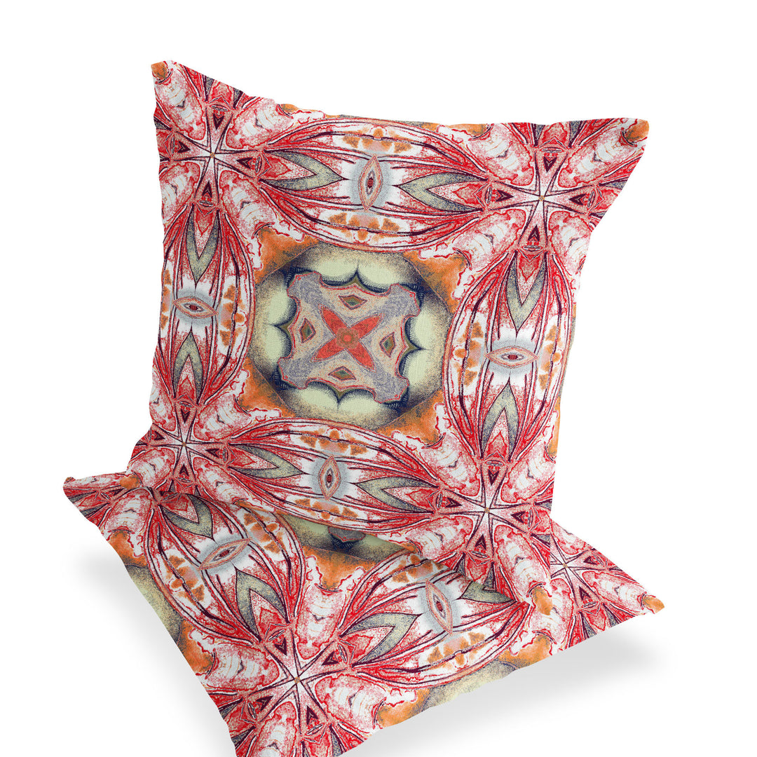 Set of Two 16" X 16" Green and Red Blown Seam Floral Indoor Outdoor Throw Pillow