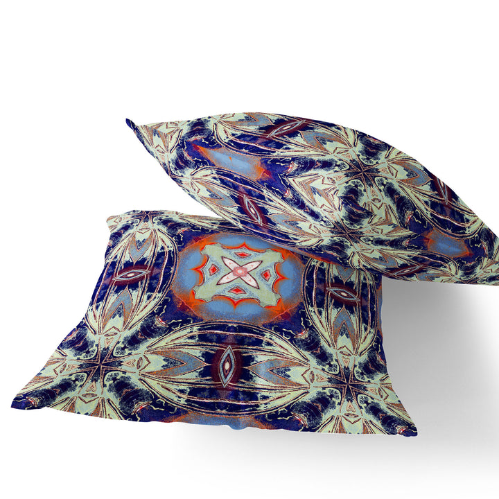 Set of Two 16" X 16" Blue and Orange Blown Seam Floral Indoor Outdoor Throw Pillow