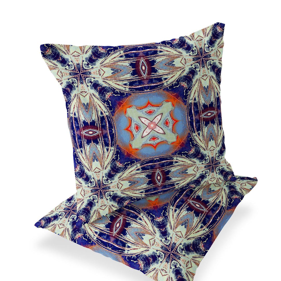 Set of Two 16" X 16" Blue and Orange Blown Seam Floral Indoor Outdoor Throw Pillow