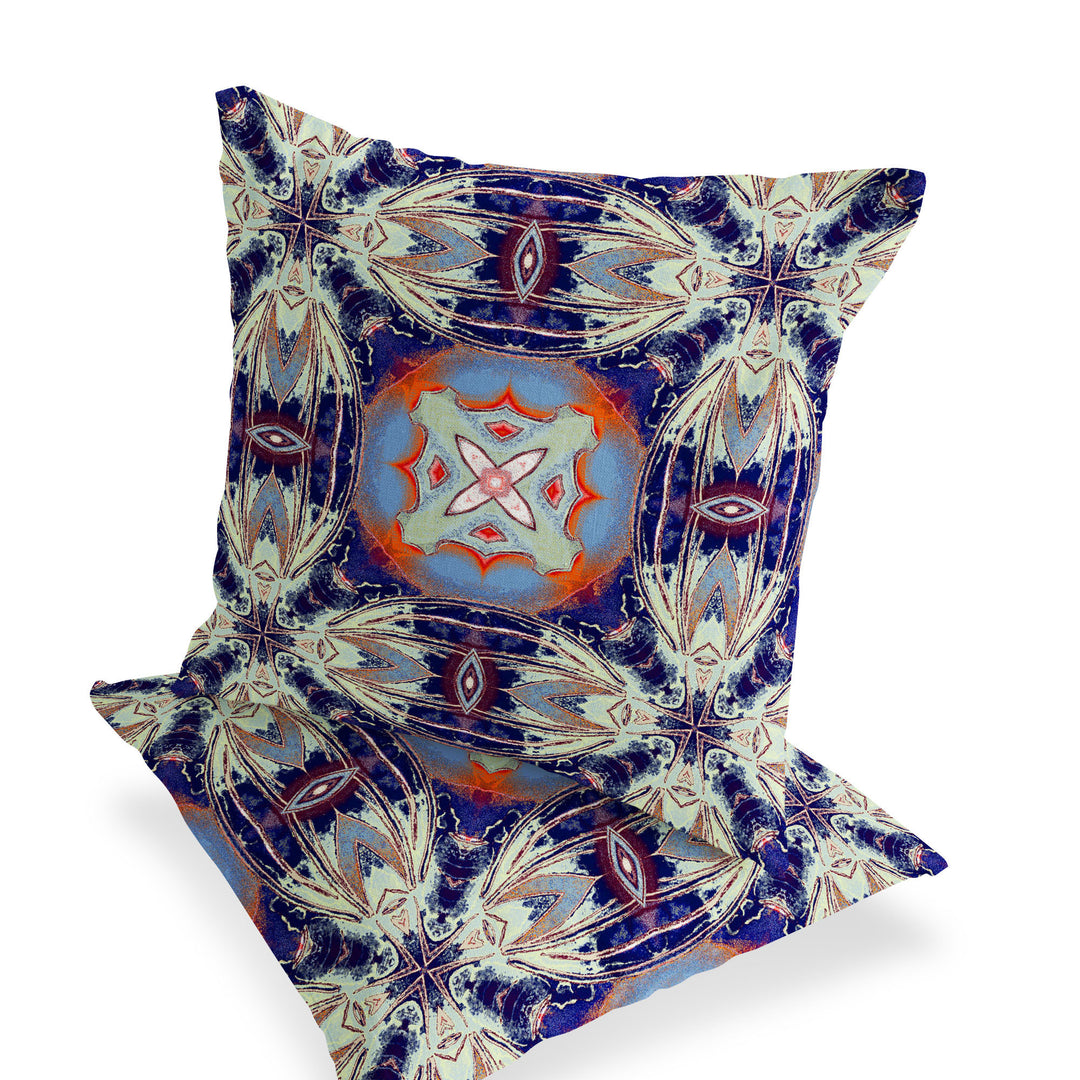 Set of Two 16" X 16" Blue and Orange Blown Seam Floral Indoor Outdoor Throw Pillow