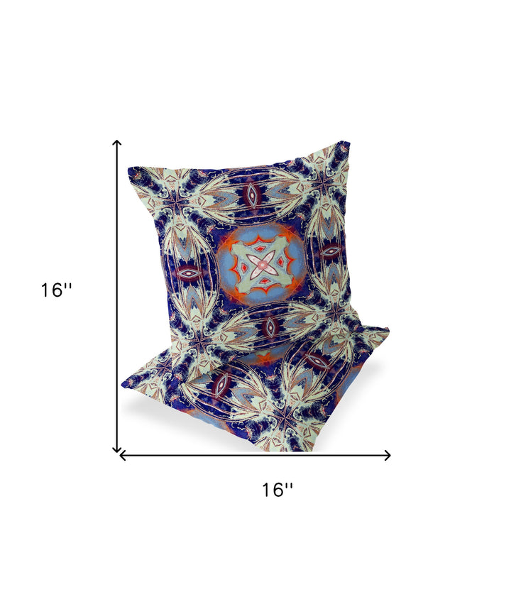 Set of Two 16" X 16" Blue and Orange Blown Seam Floral Indoor Outdoor Throw Pillow