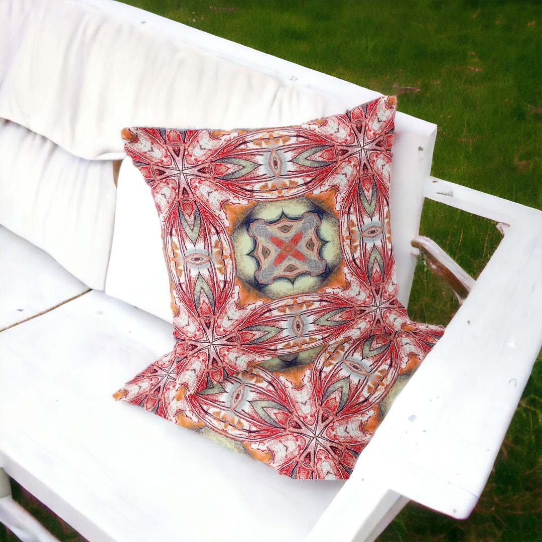 Set of Two 16" X 16" Green and Red Blown Seam Floral Indoor Outdoor Throw Pillow