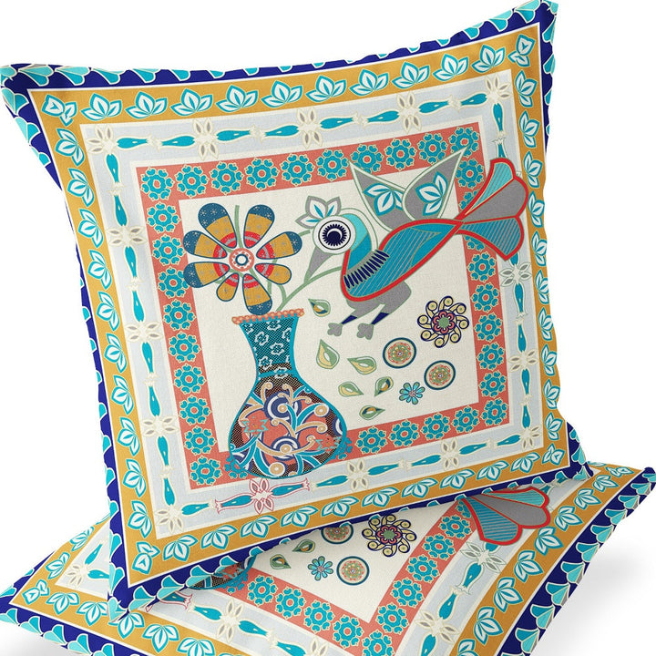 Set of Two 16" X 16" Blue and Gold Peacock Blown Seam Floral Indoor Outdoor Throw Pillow