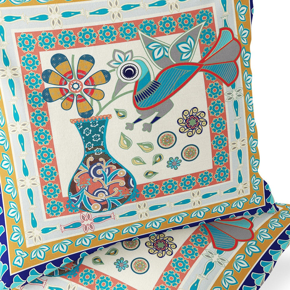 Set of Two 16" X 16" Blue and Gold Peacock Blown Seam Floral Indoor Outdoor Throw Pillow