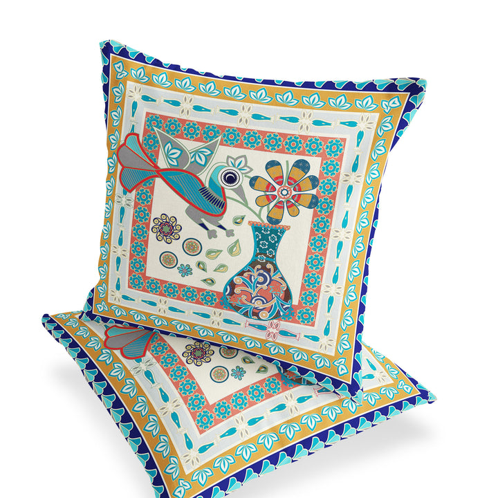 Set of Two 16" X 16" Blue and Gold Peacock Blown Seam Floral Indoor Outdoor Throw Pillow