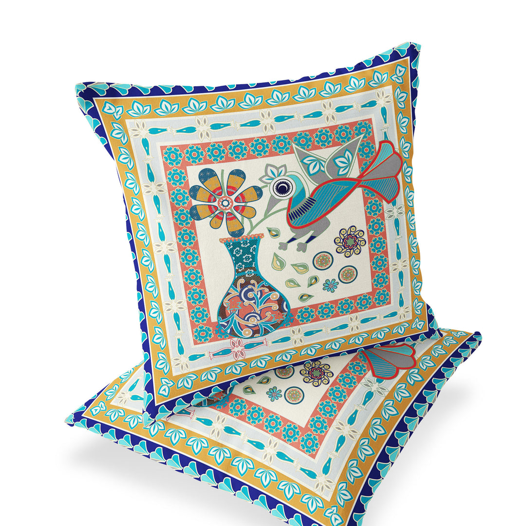 Set of Two 16" X 16" Blue and Gold Peacock Blown Seam Floral Indoor Outdoor Throw Pillow