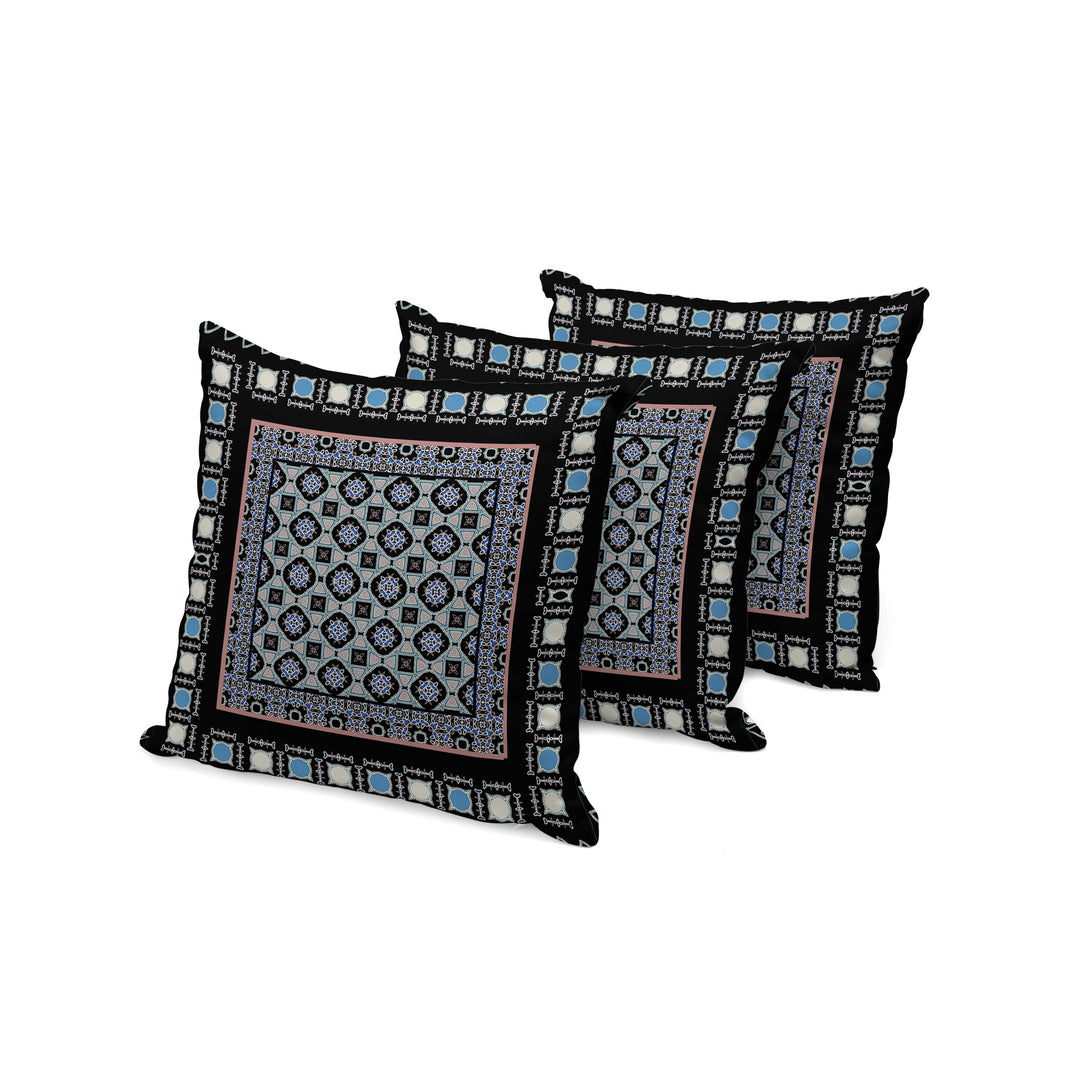 Set of Three 16" X 16" Black and Blue Botanical Indoor Outdoor Throw Pillow