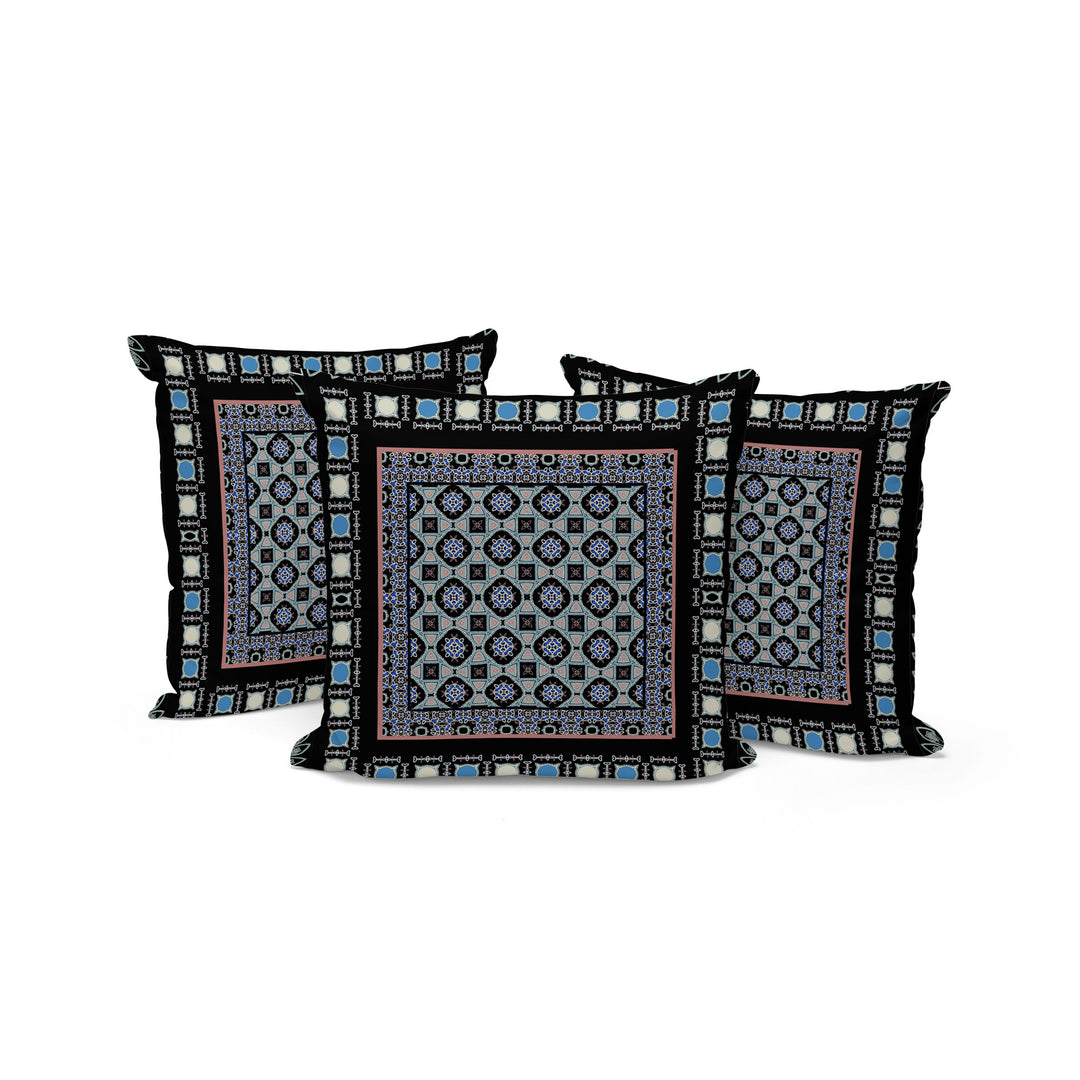 Set of Three 16" X 16" Black and Blue Botanical Indoor Outdoor Throw Pillow