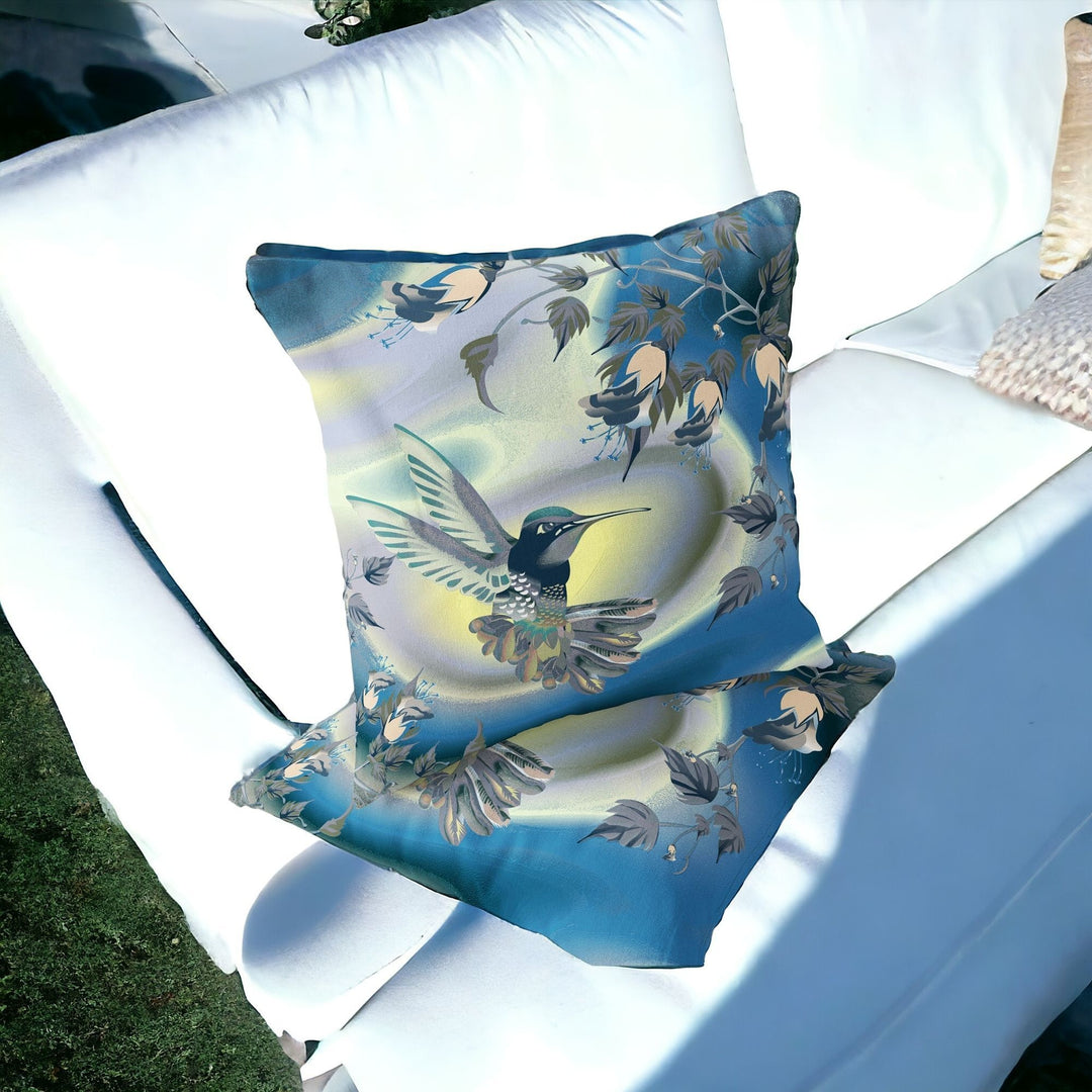 Set of Two 16" X 16" Blue Bird Blown Seam Indoor Outdoor Throw Pillow