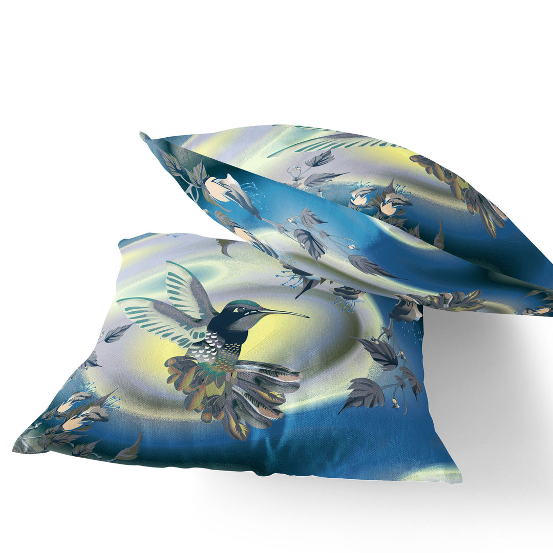 Set of Two 16" X 16" Blue Bird Blown Seam Indoor Outdoor Throw Pillow