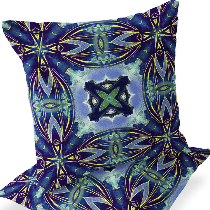 Set of Two 16" X 16" Blue and Green Blown Seam Floral Indoor Outdoor Throw Pillow