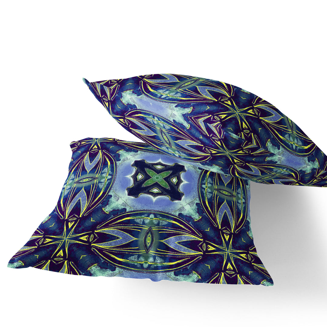 Set of Two 16" X 16" Blue and Green Blown Seam Floral Indoor Outdoor Throw Pillow