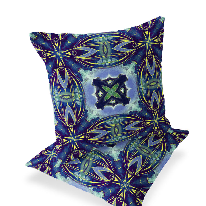 Set of Two 16" X 16" Blue and Green Blown Seam Floral Indoor Outdoor Throw Pillow