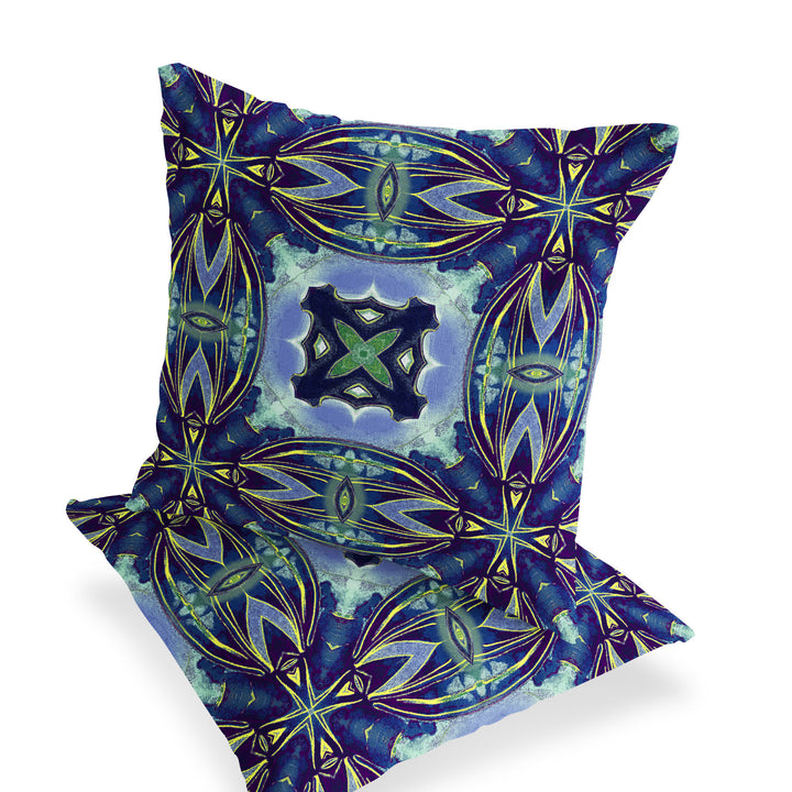 Set of Two 16" X 16" Blue and Green Blown Seam Floral Indoor Outdoor Throw Pillow