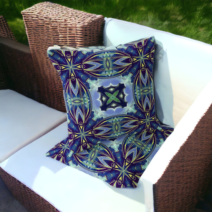 Set of Two 16" X 16" Blue and Green Blown Seam Floral Indoor Outdoor Throw Pillow