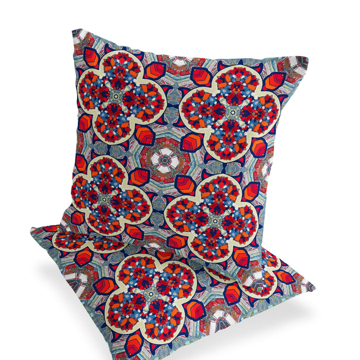 Set of Two 16" X 16" Blue and Orange Blown Seam Floral Indoor Outdoor Throw Pillow