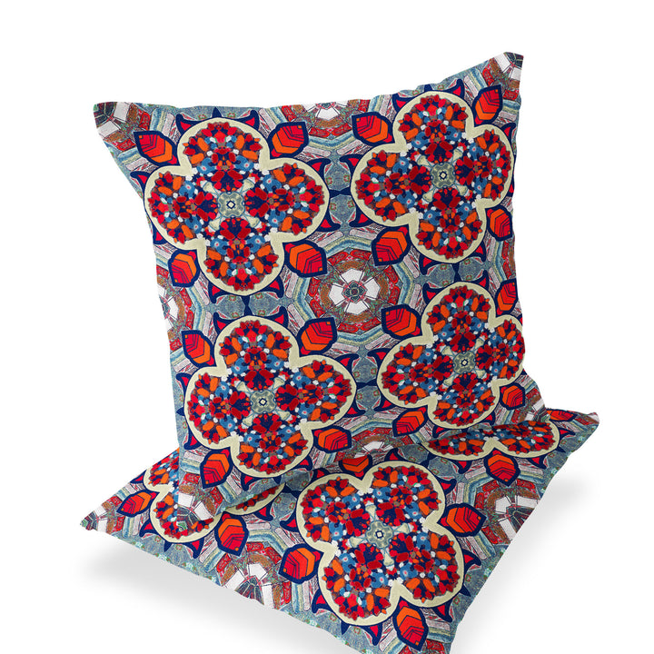 Set of Two 16" X 16" Blue and Orange Blown Seam Floral Indoor Outdoor Throw Pillow