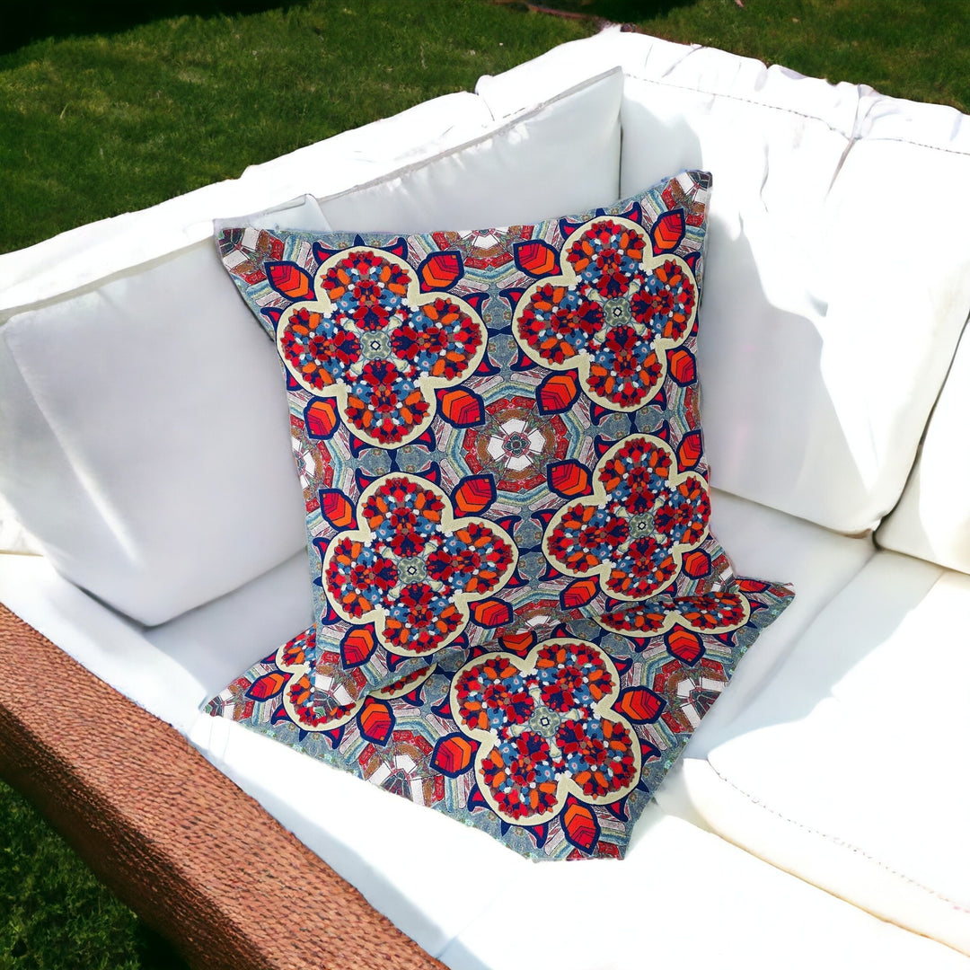 Set of Two 16" X 16" Blue and Orange Blown Seam Floral Indoor Outdoor Throw Pillow