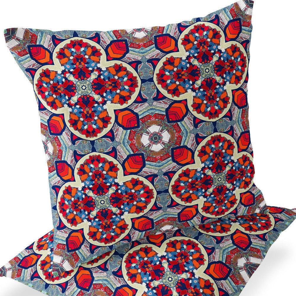 Set of Two 16" X 16" Blue and Orange Blown Seam Floral Indoor Outdoor Throw Pillow