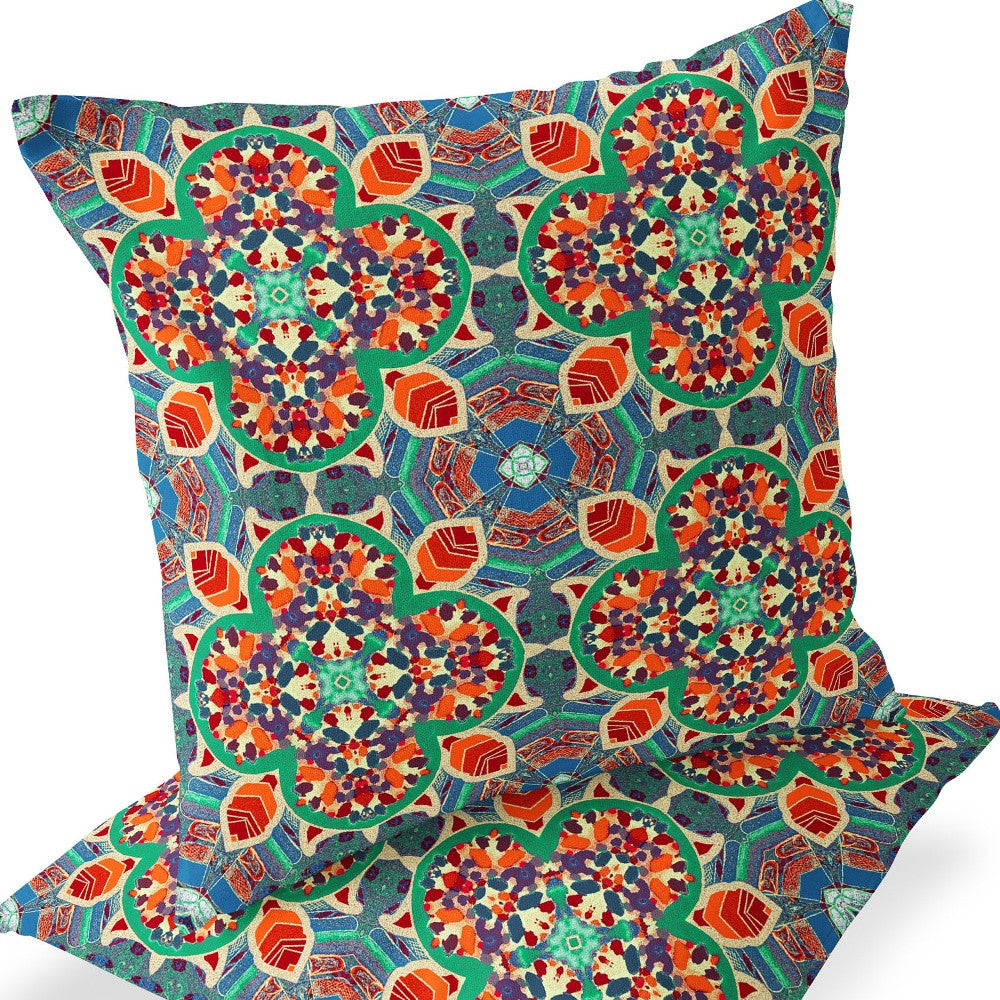 Set of Two 16" X 16" Blue and Orange Blown Seam Floral Indoor Outdoor Throw Pillow