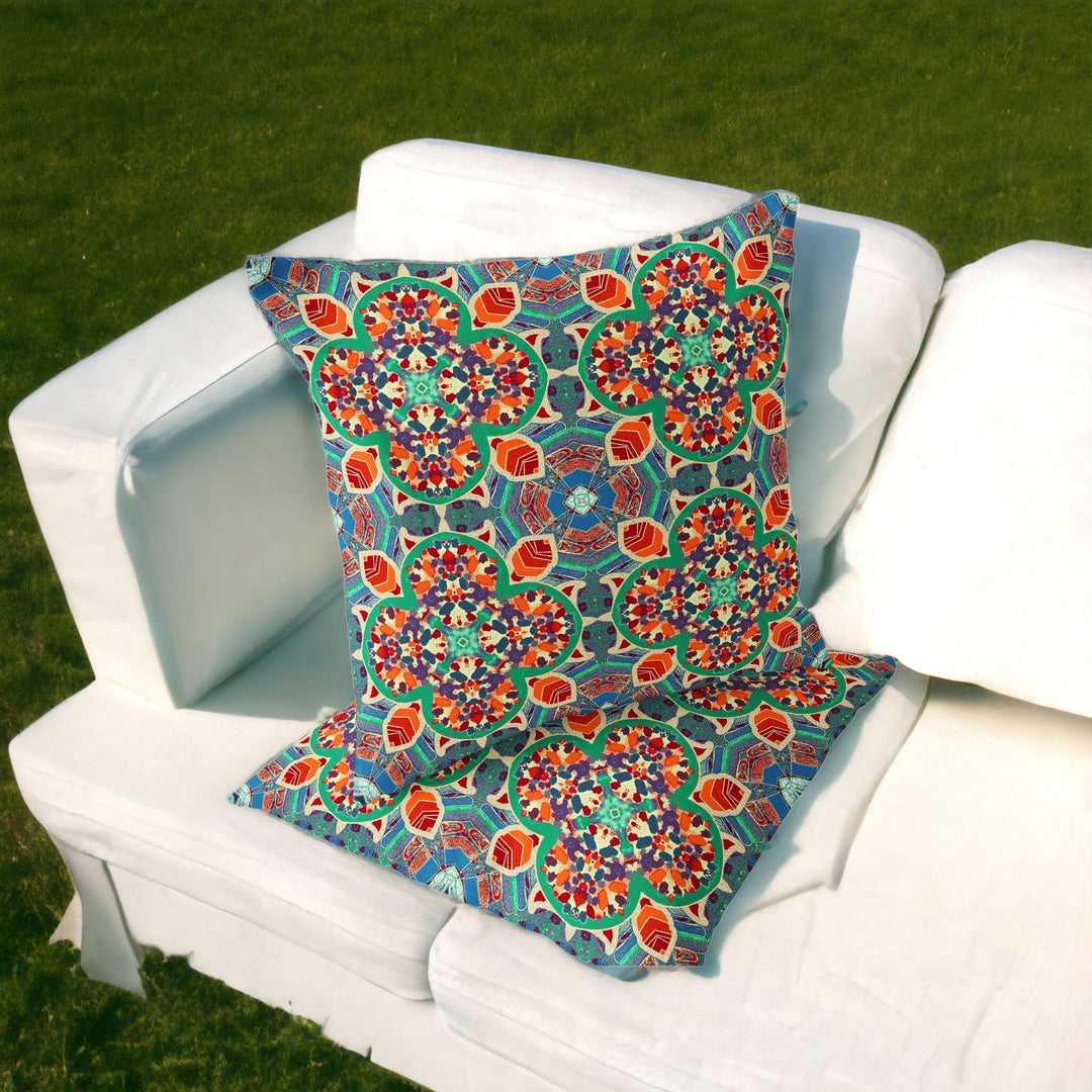 Set of Two 16" X 16" Blue and Orange Blown Seam Floral Indoor Outdoor Throw Pillow