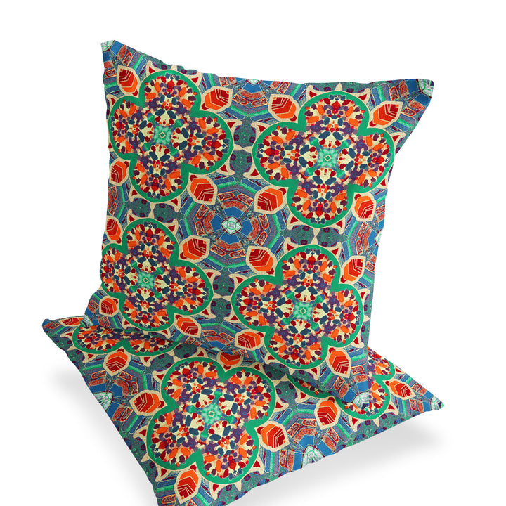 Set of Two 16" X 16" Blue and Orange Blown Seam Floral Indoor Outdoor Throw Pillow