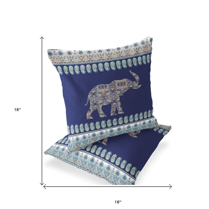 Set of Two 16" X 16" Navy Blue Elephant Blown Seam Indoor Outdoor Throw Pillow