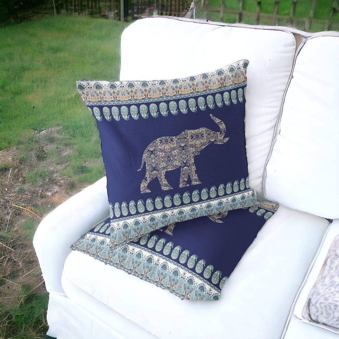 Set of Two 16" X 16" Navy Blue Elephant Blown Seam Indoor Outdoor Throw Pillow