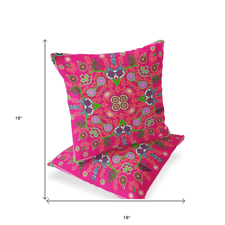 Set of Two 16" X 16" Hot Pink Blown Seam Paisley Indoor Outdoor Throw Pillow