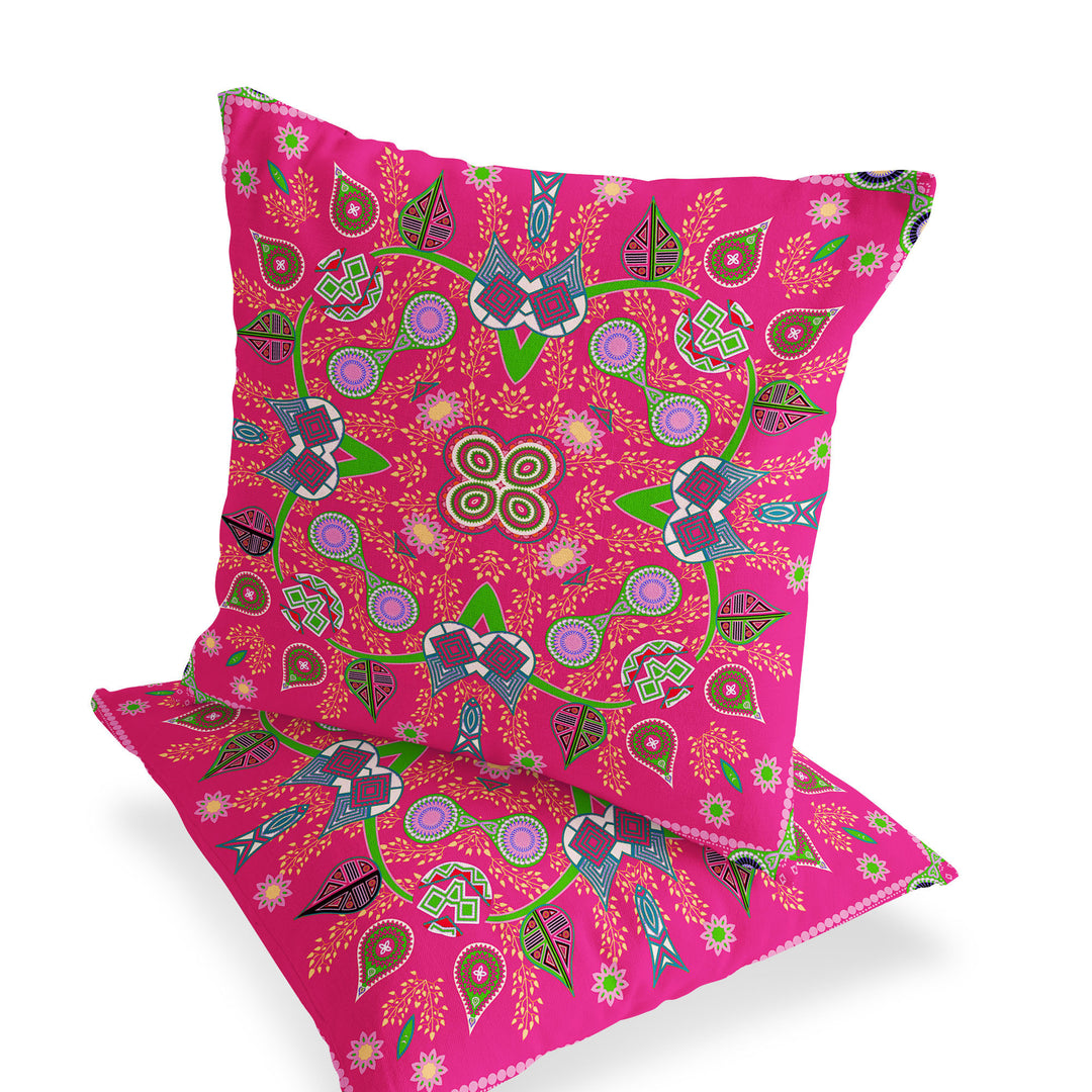 Set of Two 16" X 16" Hot Pink Blown Seam Paisley Indoor Outdoor Throw Pillow