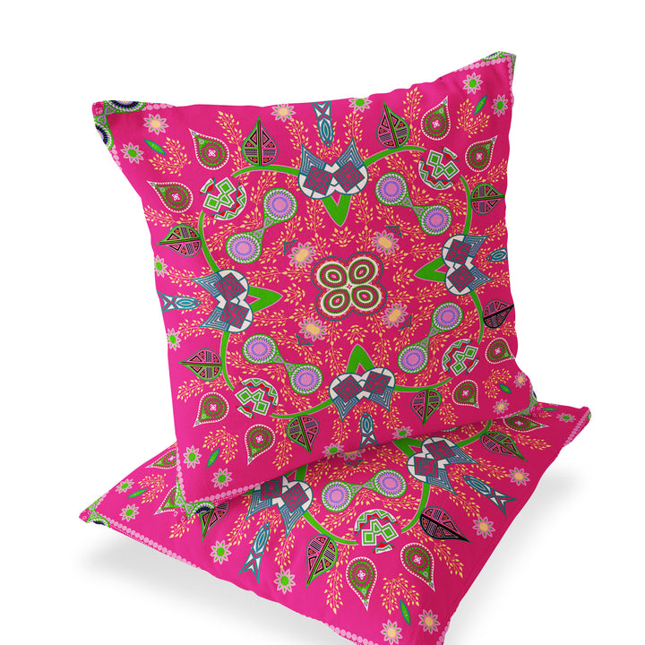 Set of Two 16" X 16" Hot Pink Blown Seam Paisley Indoor Outdoor Throw Pillow