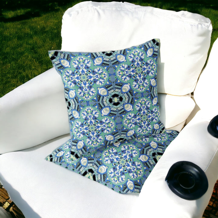 Set of Two 16" X 16" Blue and Black Blown Seam Floral Indoor Outdoor Throw Pillow