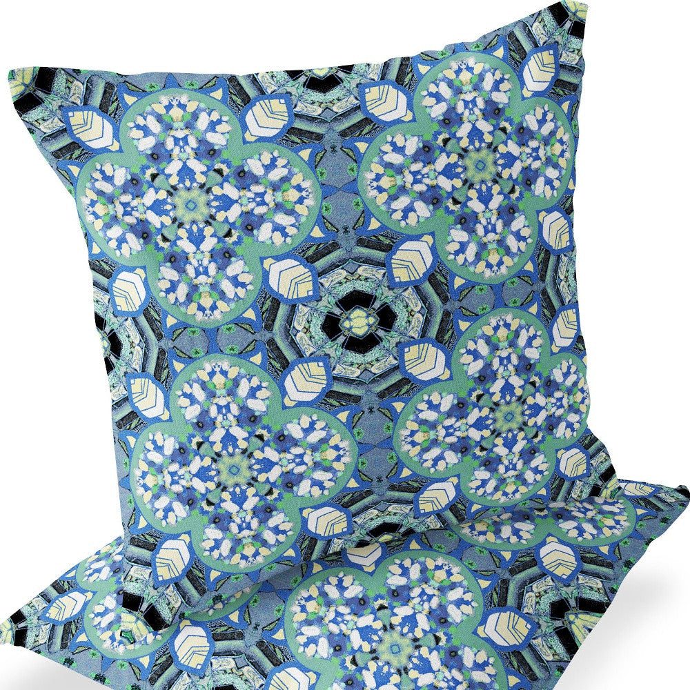 Set of Two 16" X 16" Blue and Black Blown Seam Floral Indoor Outdoor Throw Pillow