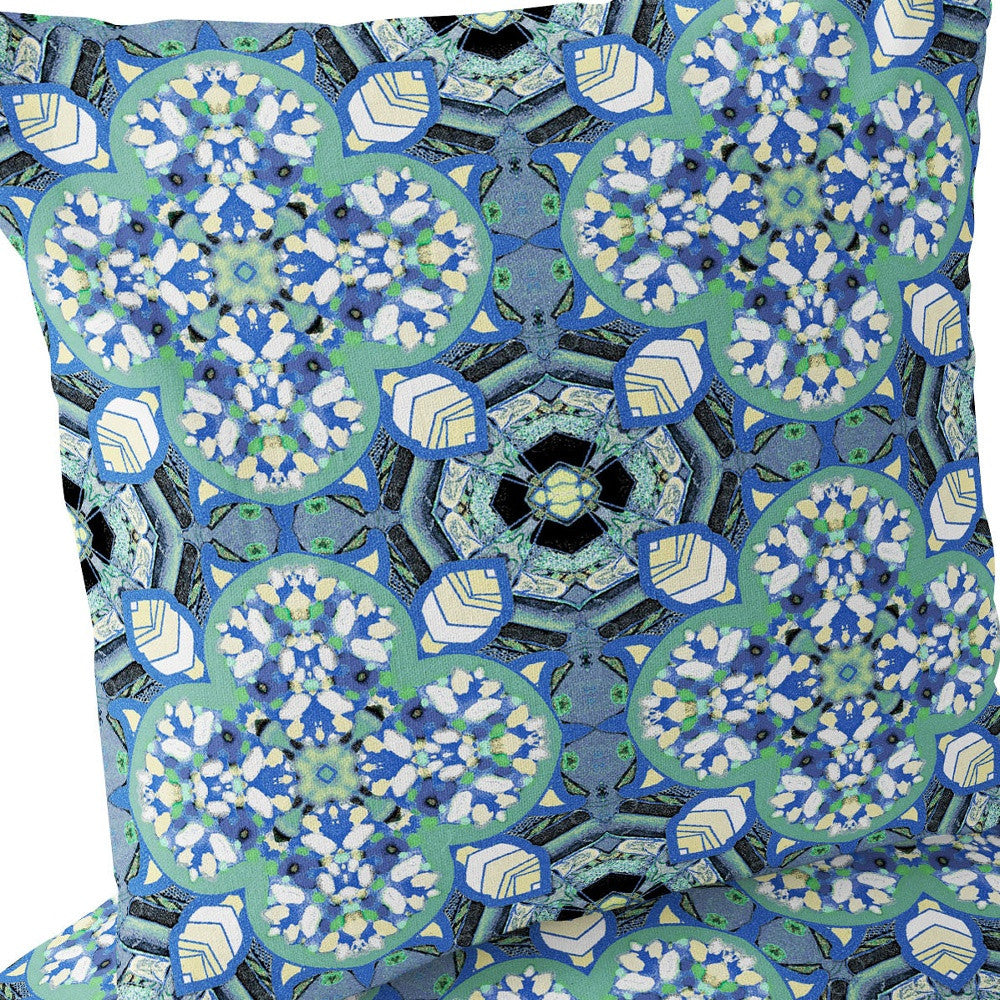 Set of Two 16" X 16" Blue and Black Blown Seam Floral Indoor Outdoor Throw Pillow