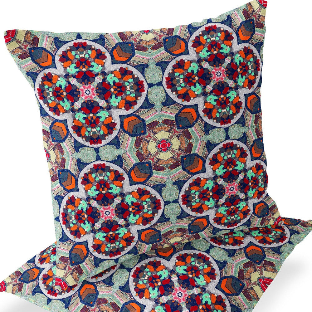 Set of Two 16" X 16" Blue and Orange Blown Seam Floral Indoor Outdoor Throw Pillow