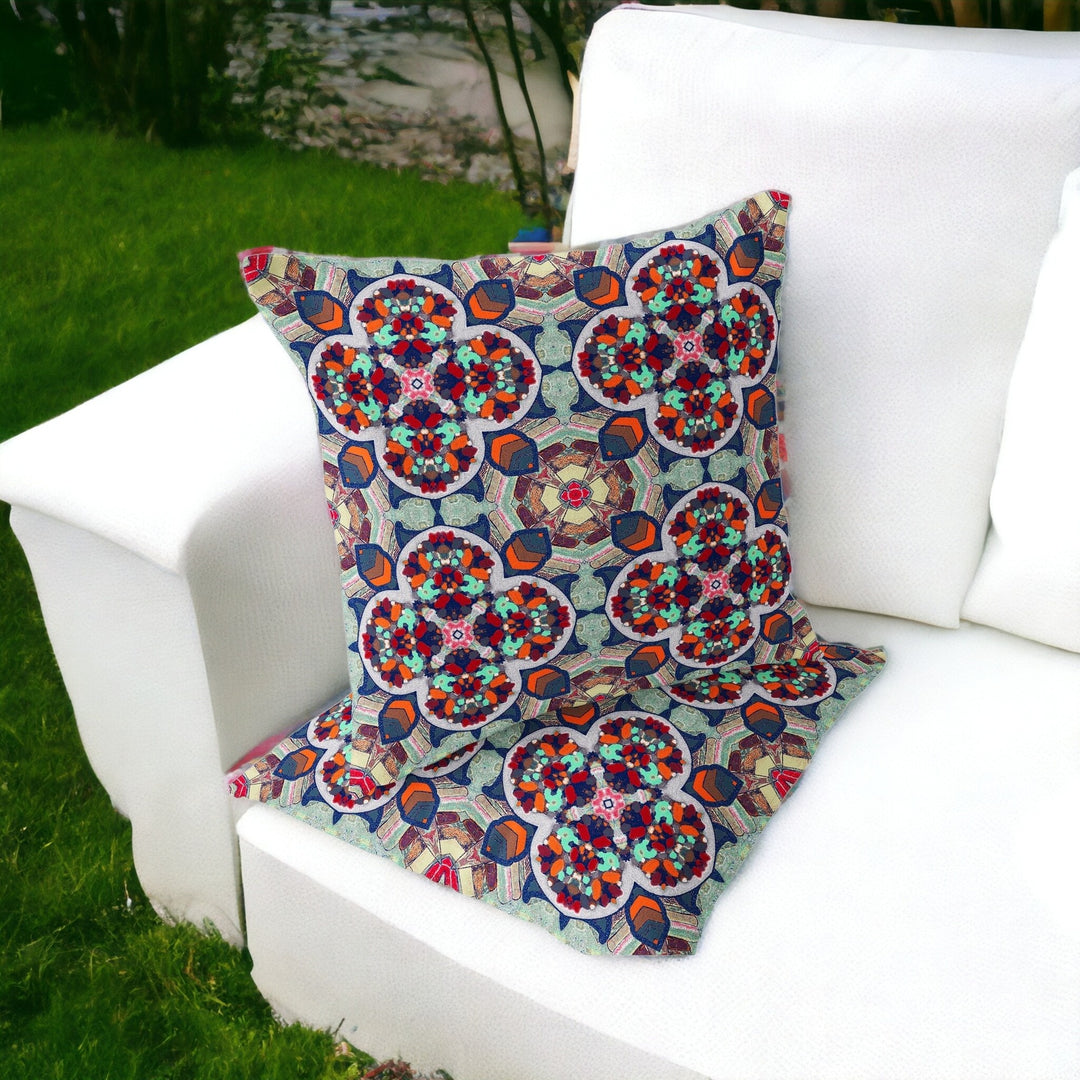 Set of Two 16" X 16" Blue and Orange Blown Seam Floral Indoor Outdoor Throw Pillow