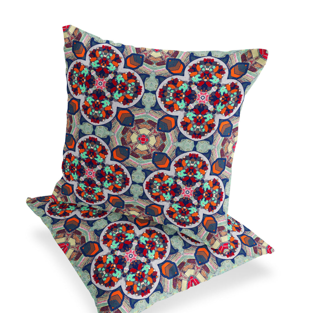 Set of Two 16" X 16" Blue and Orange Blown Seam Floral Indoor Outdoor Throw Pillow