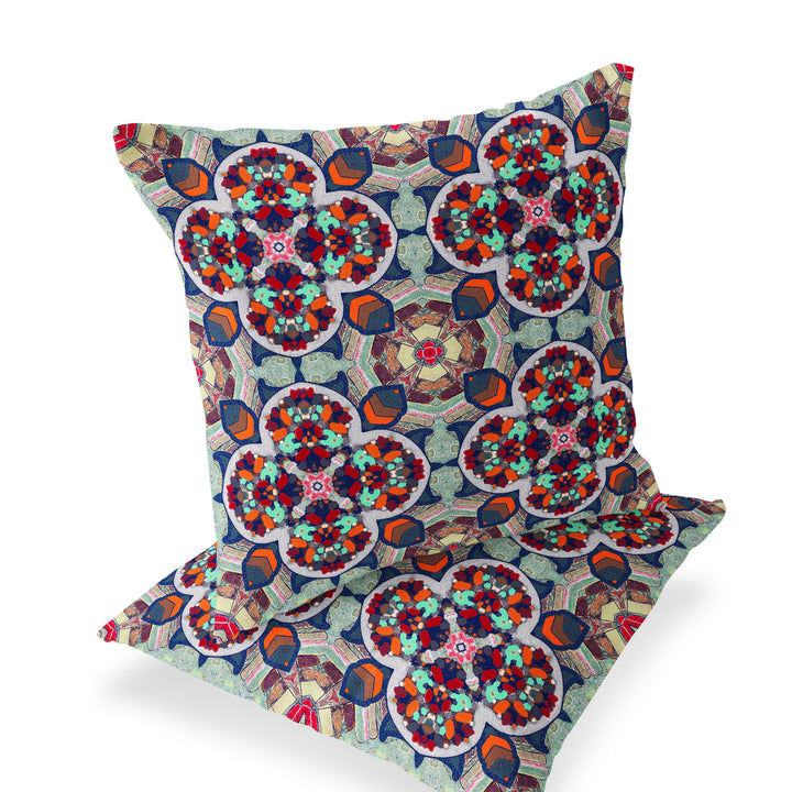 Set of Two 16" X 16" Blue and Orange Blown Seam Floral Indoor Outdoor Throw Pillow