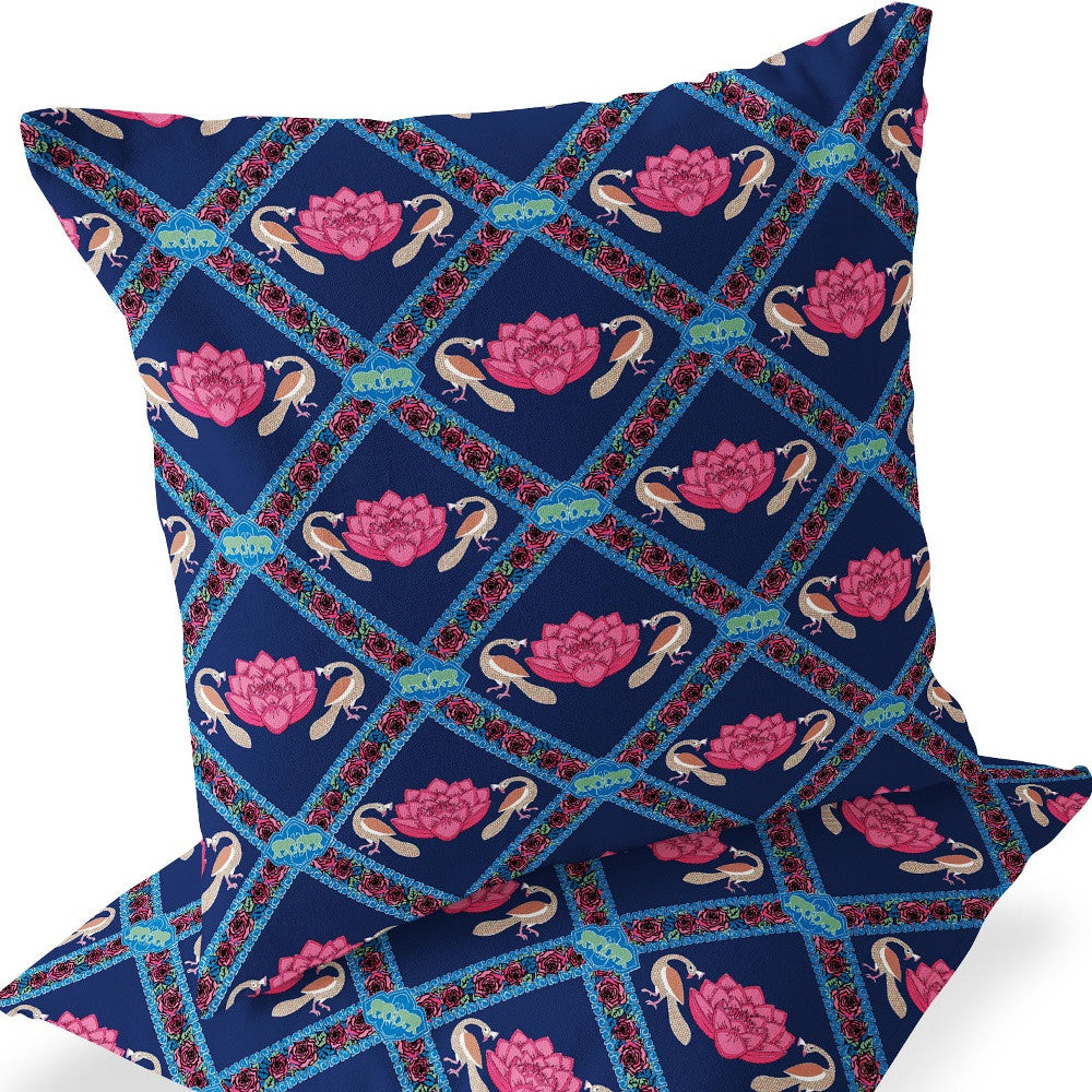 Set of Two 16" X 16" Blue and Pink Peacock Blown Seam Floral Indoor Outdoor Throw Pillow