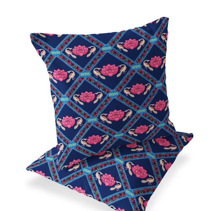 Set of Two 16" X 16" Blue and Pink Peacock Blown Seam Floral Indoor Outdoor Throw Pillow