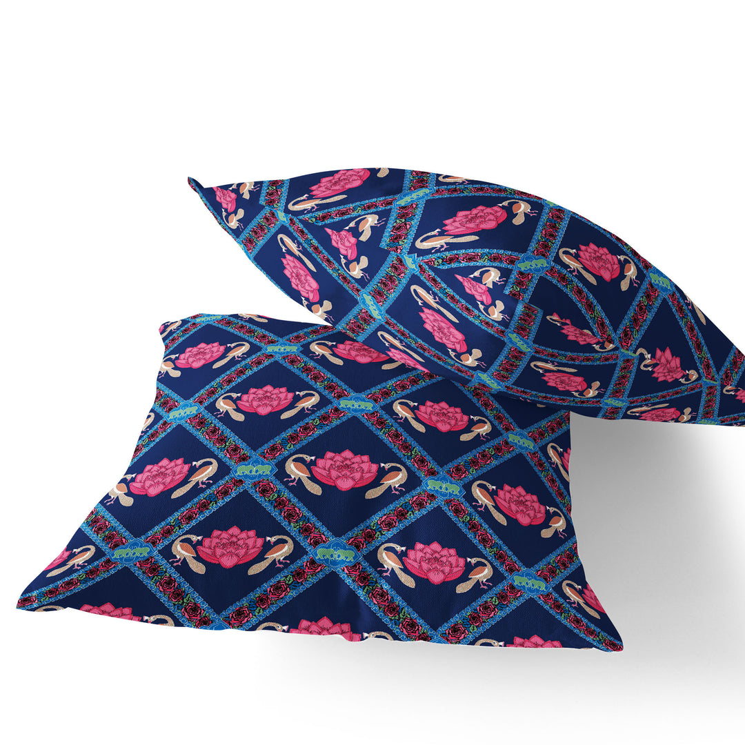 Set of Two 16" X 16" Blue and Pink Peacock Blown Seam Floral Indoor Outdoor Throw Pillow