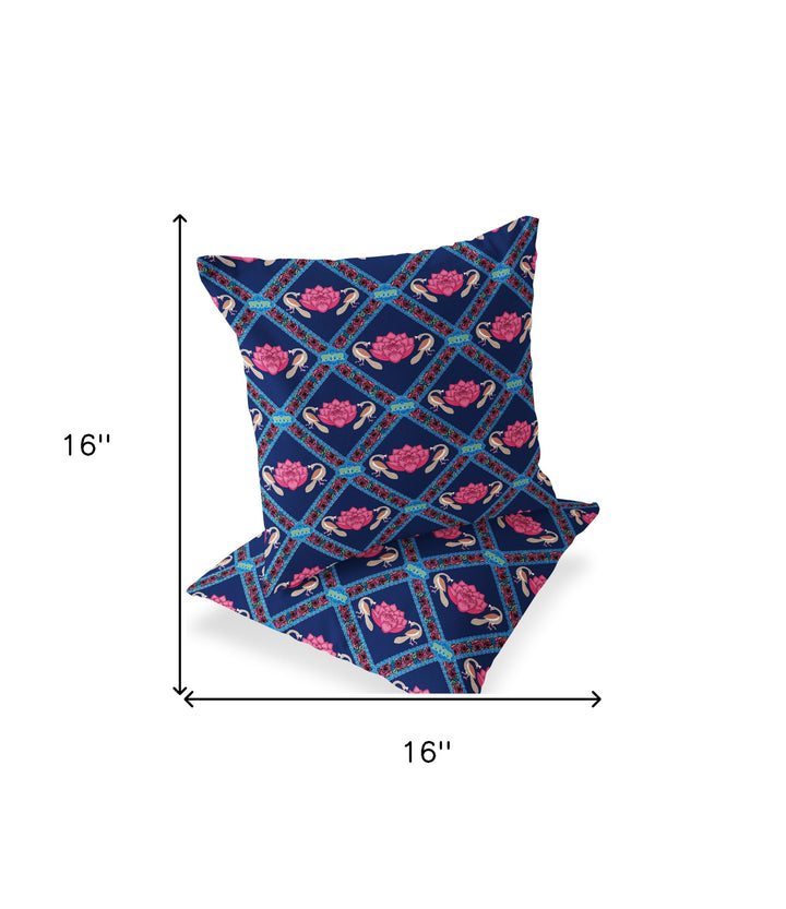 Set of Two 16" X 16" Blue and Pink Peacock Blown Seam Floral Indoor Outdoor Throw Pillow