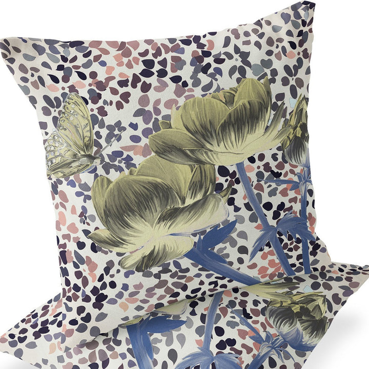 Set of Two 16" X 16" Blue and Yellow Butterfly Blown Seam Floral Indoor Outdoor Throw Pillow