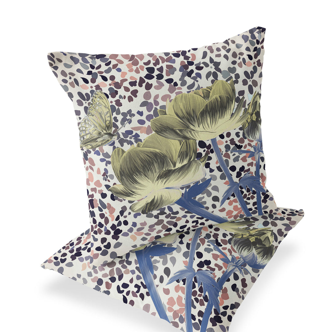 Set of Two 16" X 16" Blue and Yellow Butterfly Blown Seam Floral Indoor Outdoor Throw Pillow